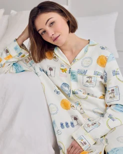 Linen Blend Scenic Stamps Print Nightshirt