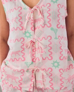 Linen-Blend Tie Front Cami Cocktail Leopard Geo Print Short Pyjama Set