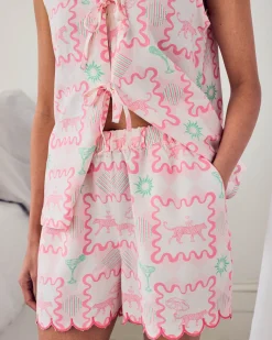Linen-Blend Tie Front Cami Cocktail Leopard Geo Print Short Pyjama Set