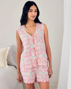 Linen-Blend Tie Front Cami Cocktail Leopard Geo Print Short Pyjama Set