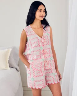 Linen-Blend Tie Front Cami Cocktail Leopard Geo Print Short Pyjama Set