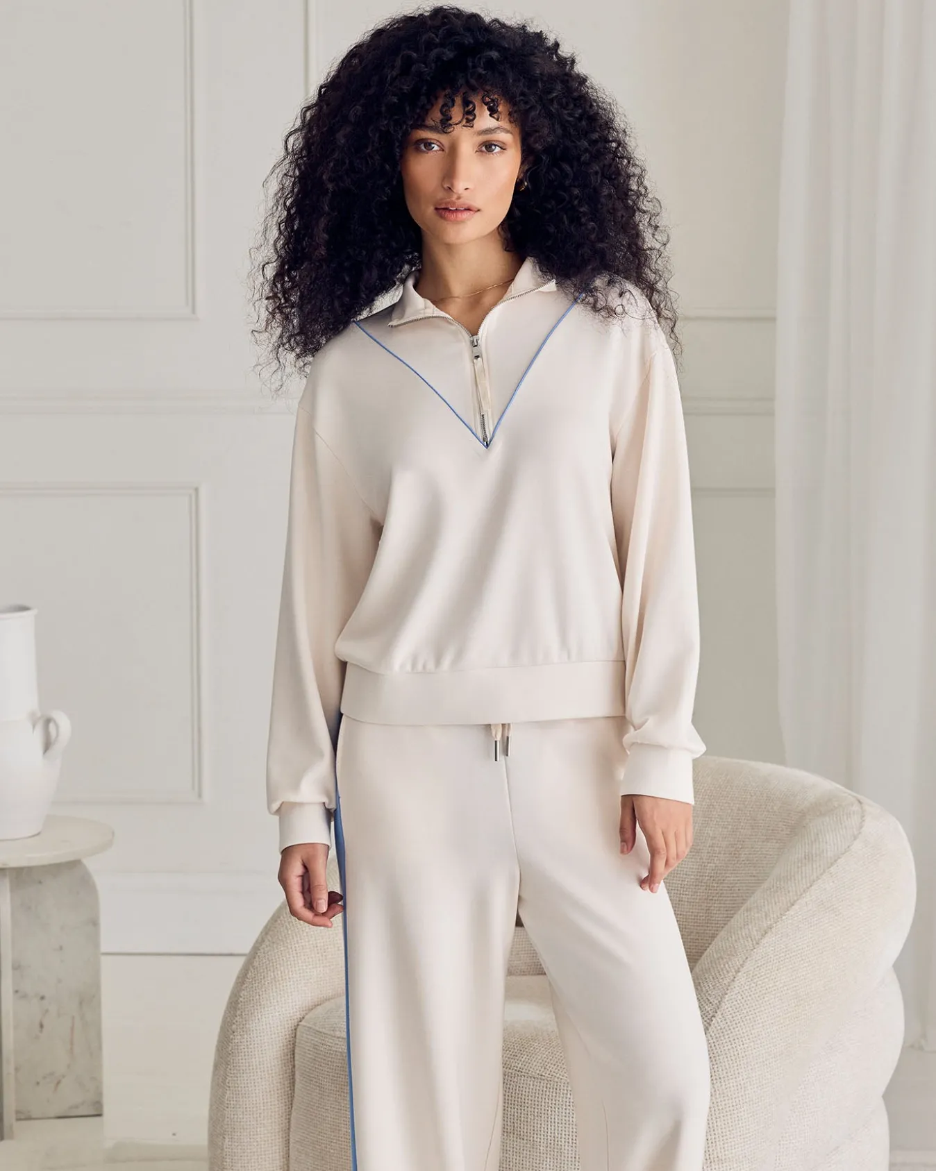 LuxeComfort Scuba Half-Zip Long Sleeve Sweatshirt - Cream