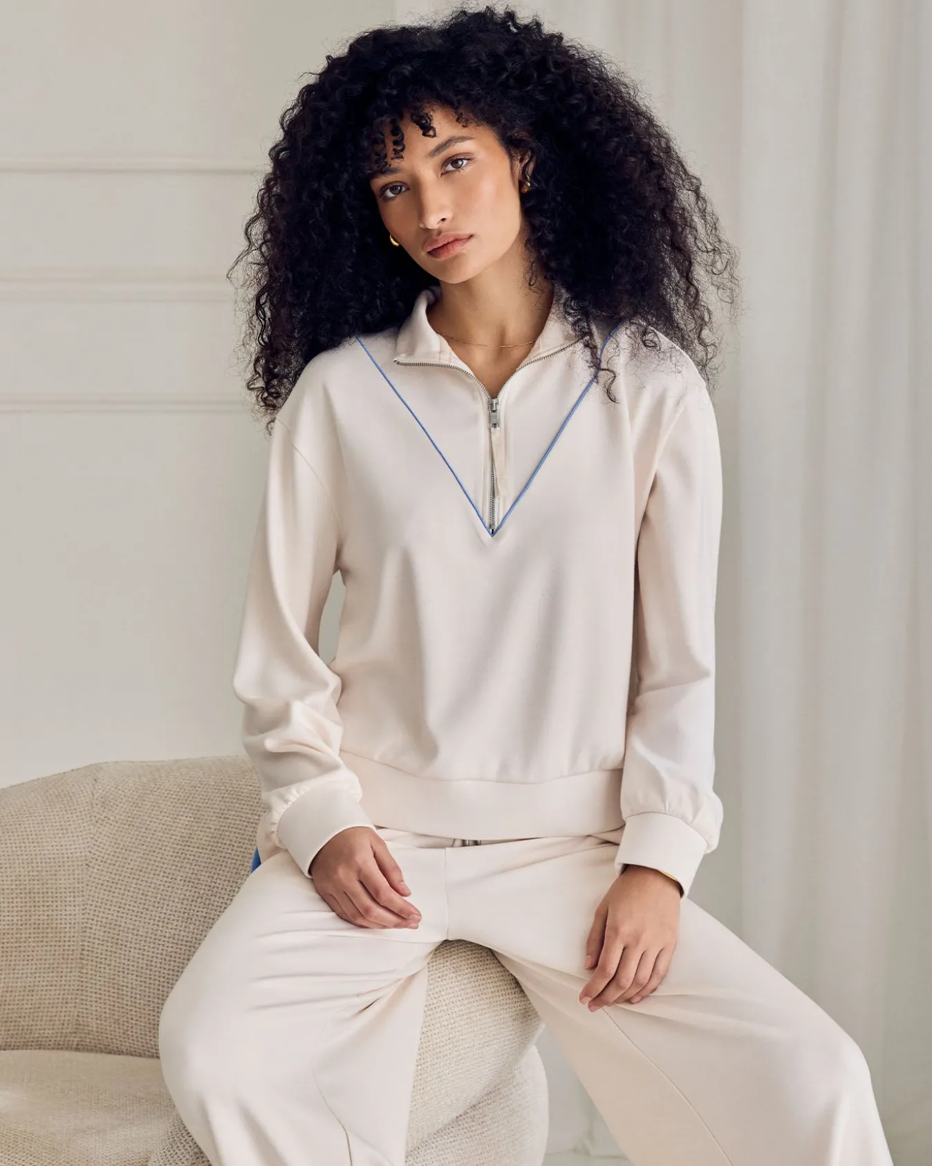 LuxeComfort Scuba Half-Zip Long Sleeve Sweatshirt - Cream