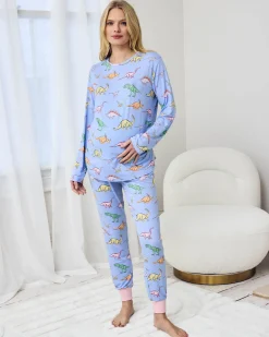 Maternity Dinosaur Print Long Pyjama Set - Blue