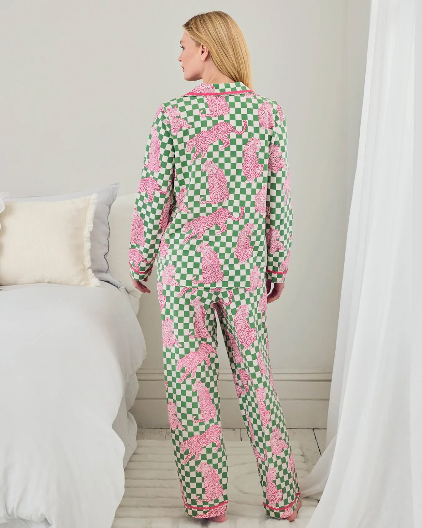 Maternity Organic Cotton Checkerboard Leopards Print Long Pyjama Set