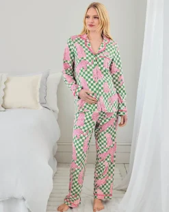 Maternity Organic Cotton Checkerboard Leopards Print Long Pyjama Set
