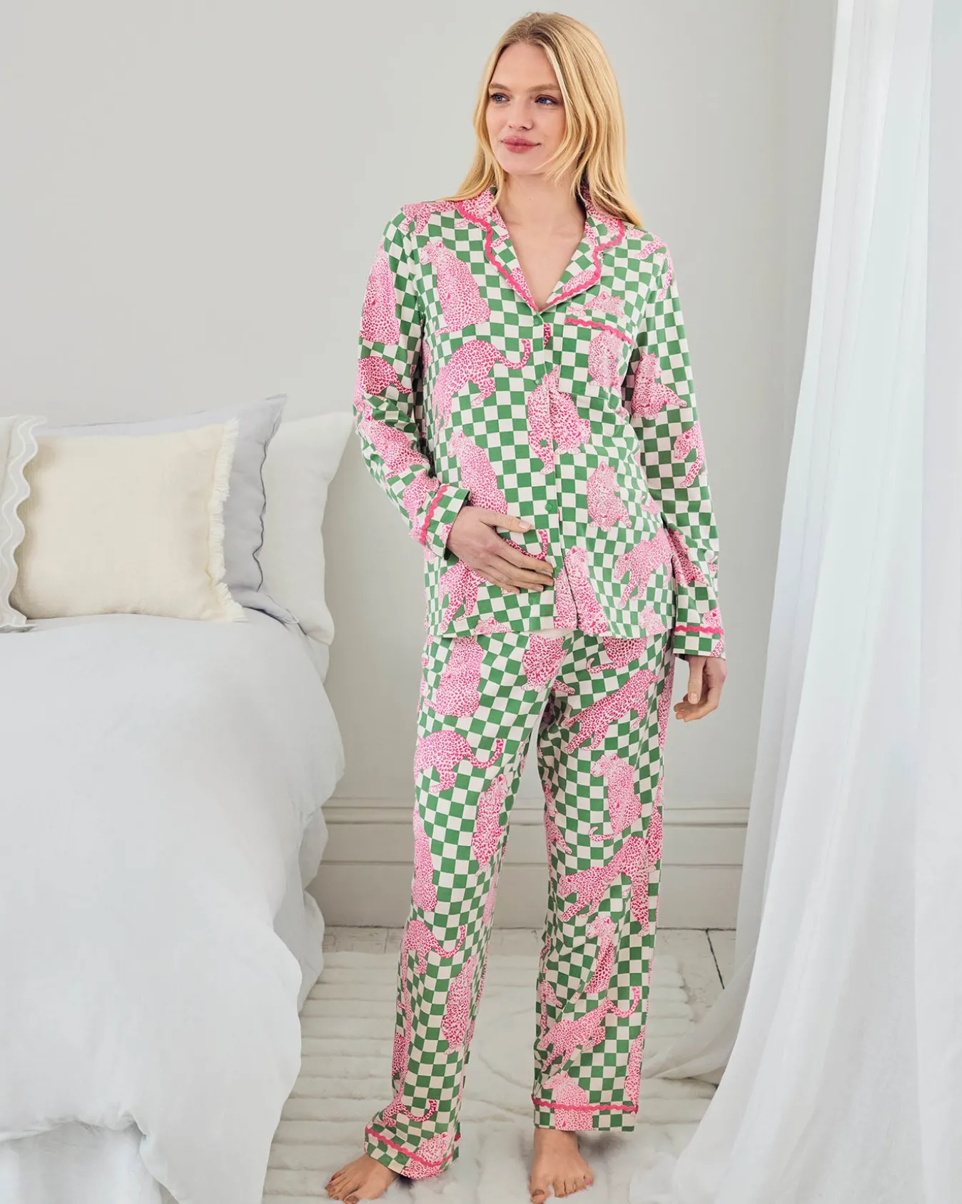 Maternity Organic Cotton Checkerboard Leopards Print Long Pyjama Set