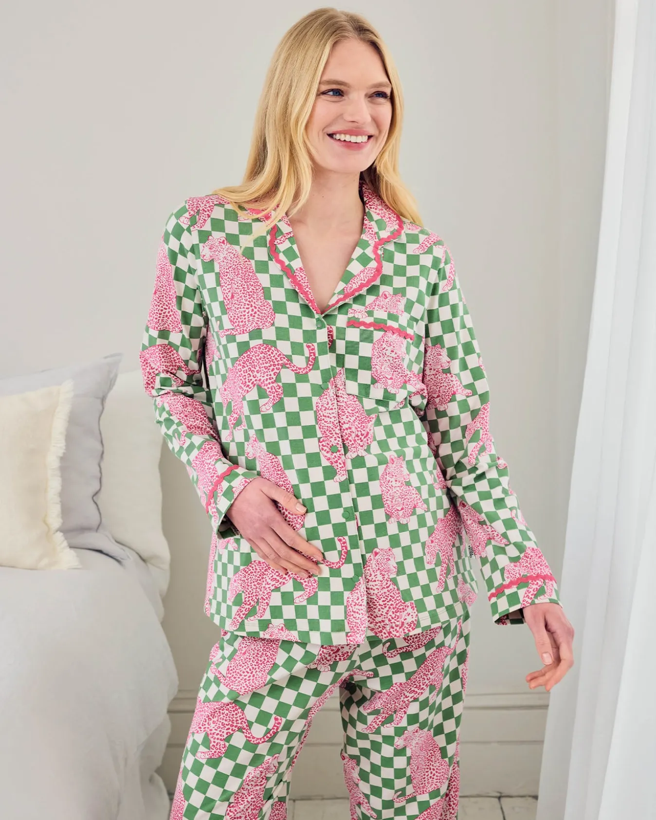 Maternity Organic Cotton Checkerboard Leopards Print Long Pyjama Set