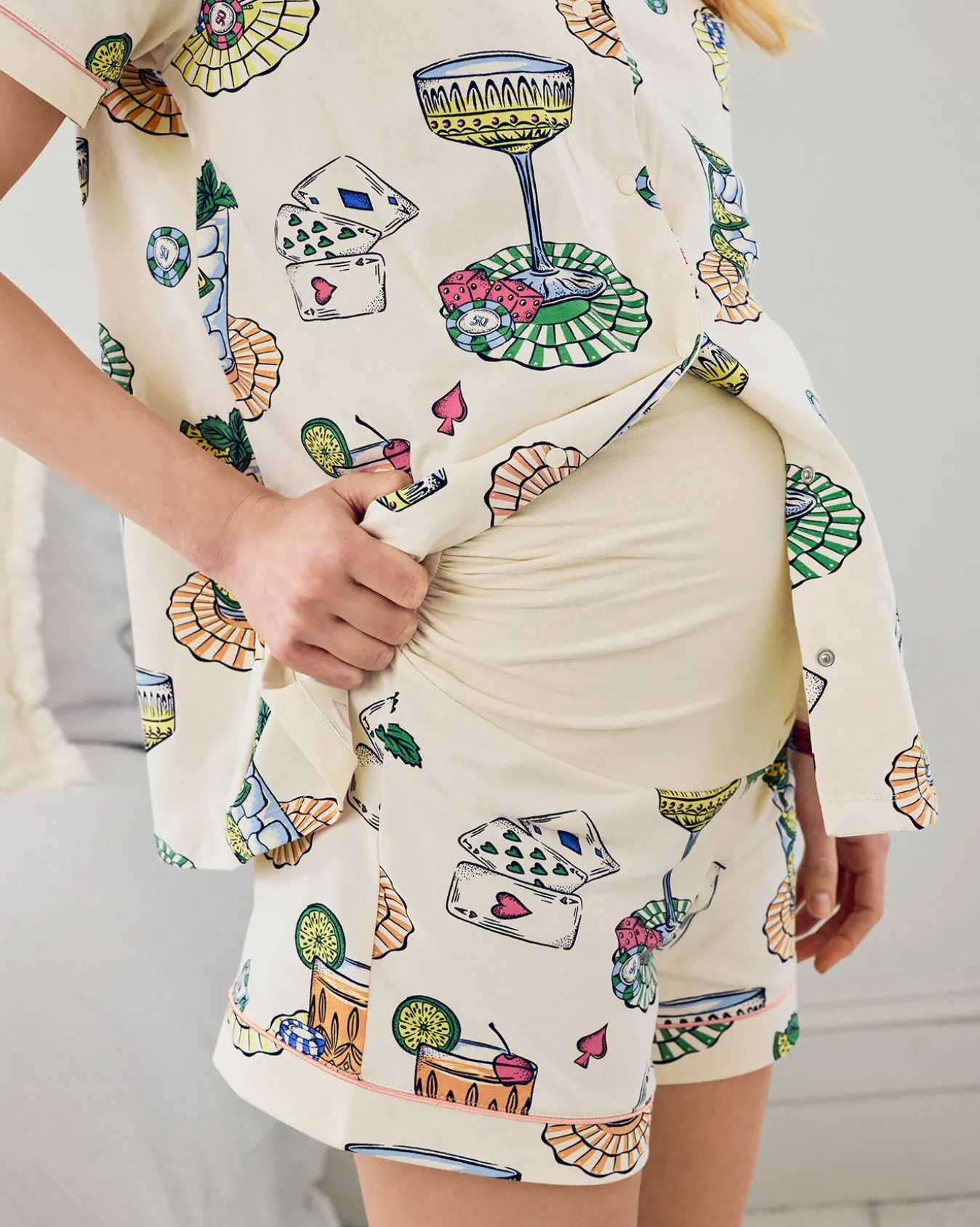 Maternity Organic Cotton Cocktails & Cards Print Short Pyjama Set