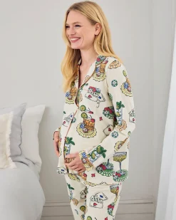 Maternity Organic Cotton Cocktails & Cards Print Long Pyjama Set