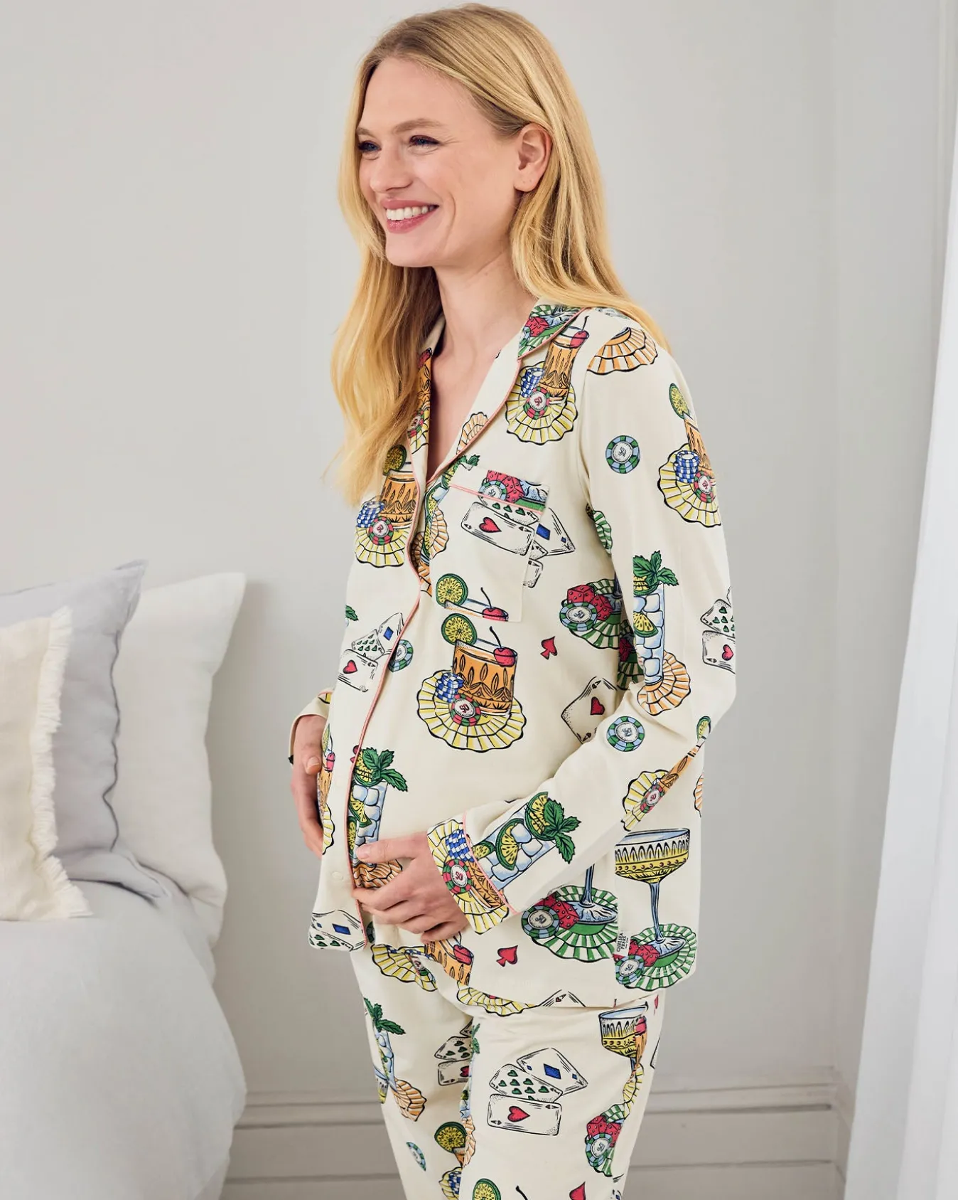 Maternity Organic Cotton Cocktails & Cards Print Long Pyjama Set