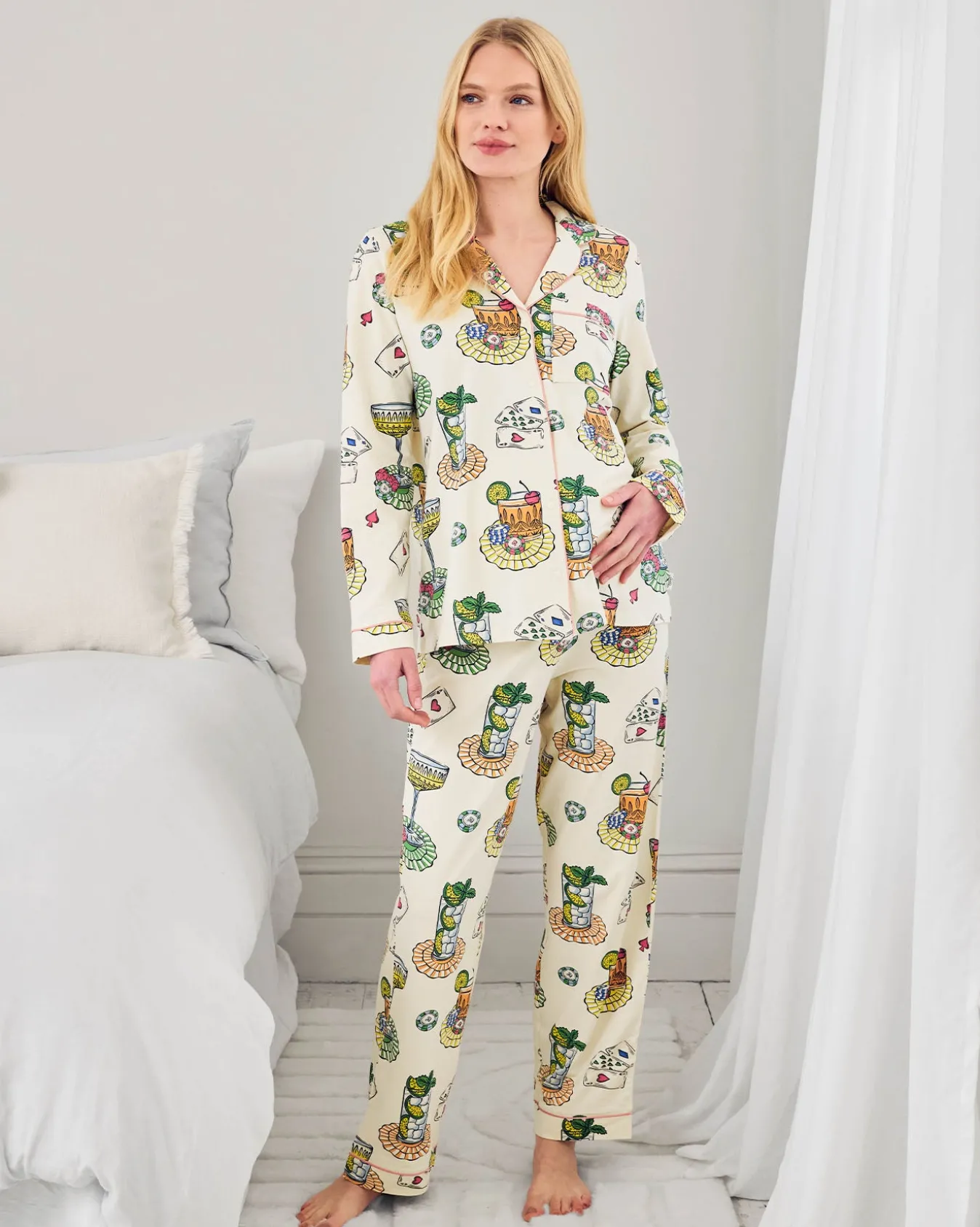 Maternity Organic Cotton Cocktails & Cards Print Long Pyjama Set