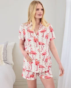 Maternity Organic Cotton Flamingo Stripe Print Short Pyjama Set