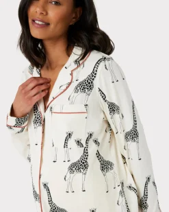Maternity Organic Cotton Giraffe Print Long Pyjama Set - Cream