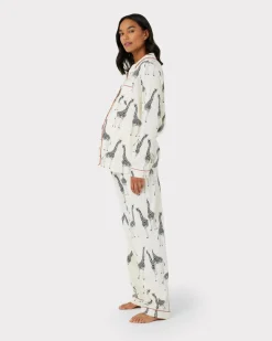 Maternity Organic Cotton Giraffe Print Long Pyjama Set - Cream