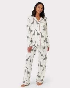 Maternity Organic Cotton Giraffe Print Long Pyjama Set - Cream