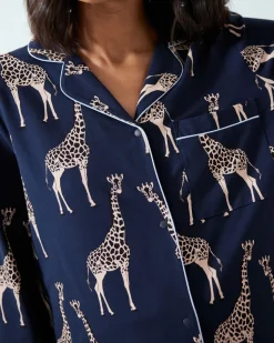 Maternity Organic Cotton Giraffe Print Long Pyjama Set - Navy