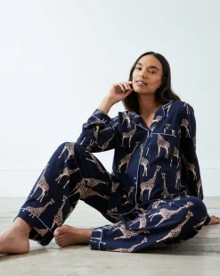 Maternity Organic Cotton Giraffe Print Long Pyjama Set - Navy