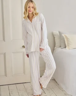 Maternity Organic Cotton Lilac Stripe Frill Long Pyjama Set