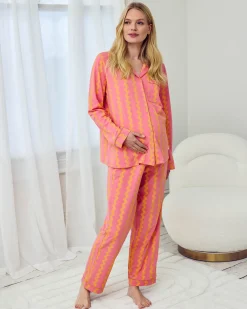 Maternity Organic Cotton Sunset Wavy Stripe Long Pyjama Set