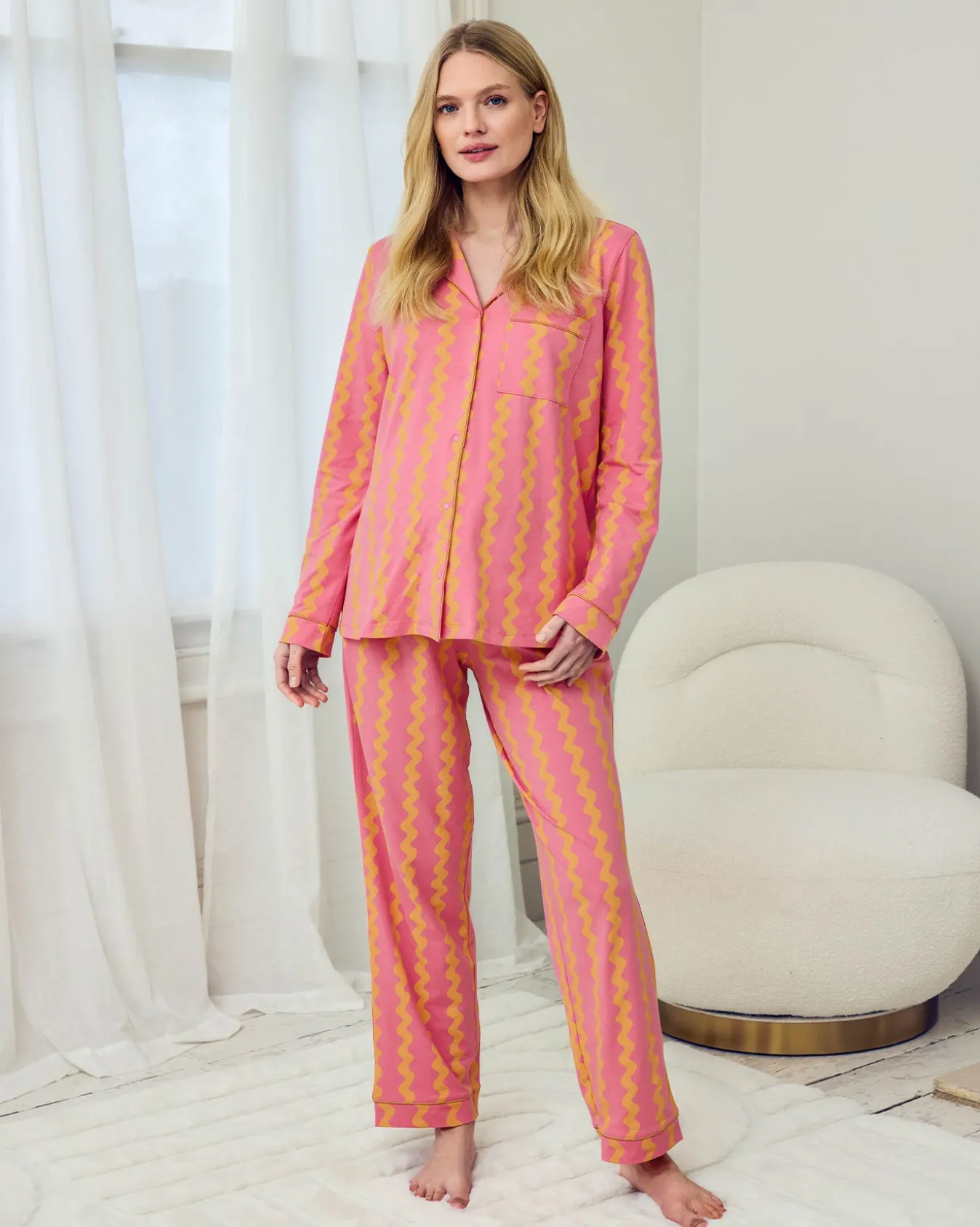Maternity Organic Cotton Sunset Wavy Stripe Long Pyjama Set