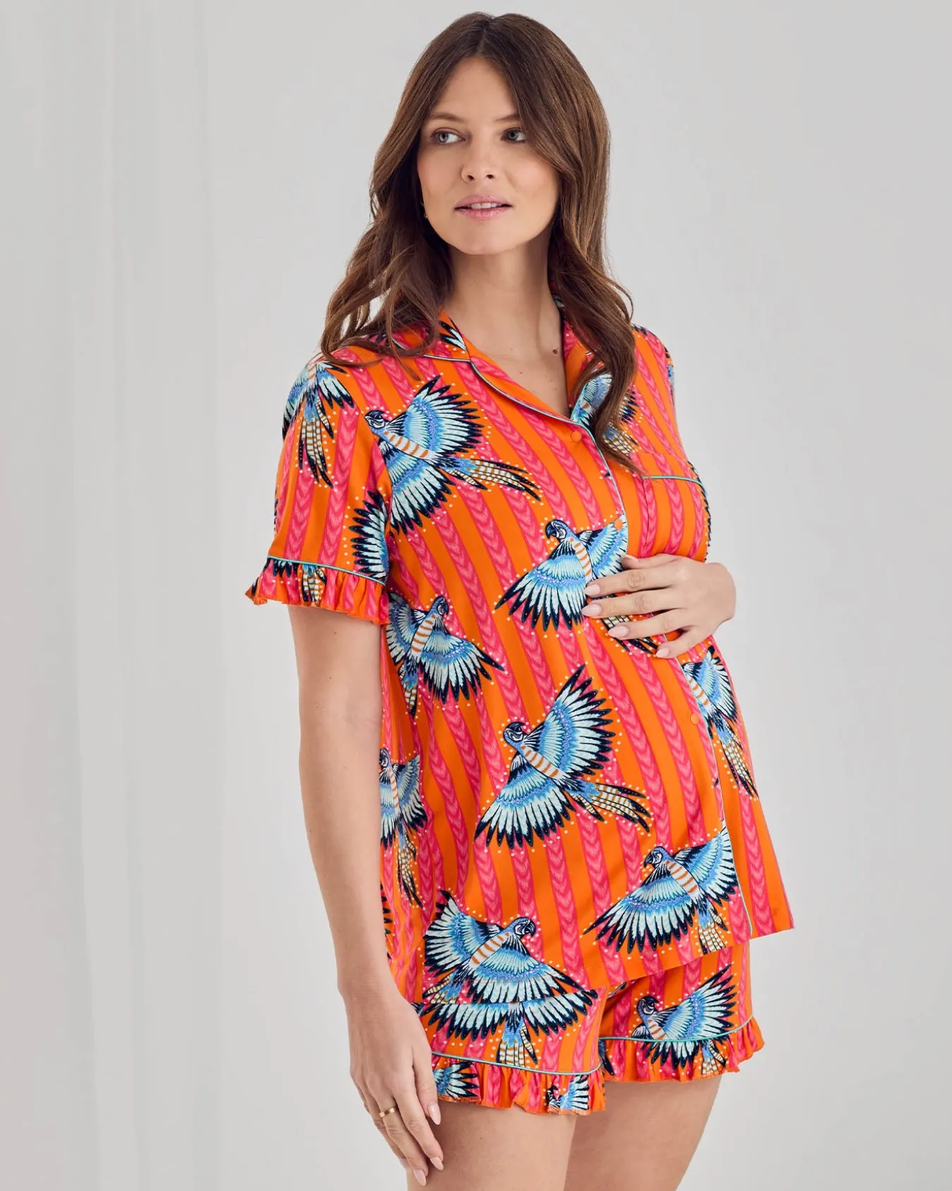 Maternity Parrot Stripe Print Frill Short Pyjama Set