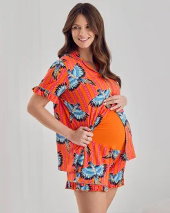 Maternity Parrot Stripe Print Frill Short Pyjama Set