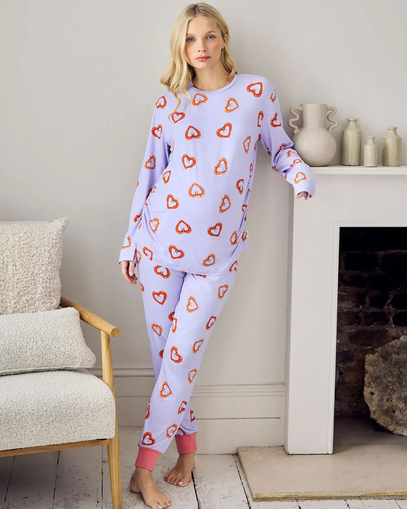 Maternity Shrimp Heart Print Long Pyjama Set
