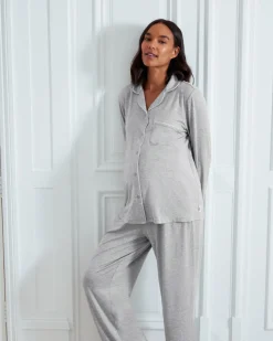 Maternity TENCEL™ Modal Long Button Up Pyjama Set - Grey Marl