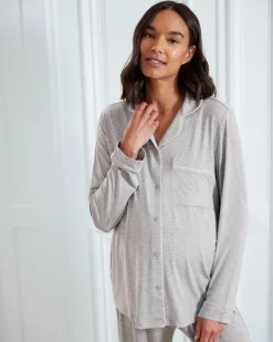 Maternity TENCEL™ Modal Long Button Up Pyjama Set - Grey Marl