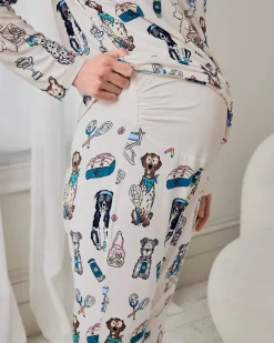 Maternity Tennis Dogs Print Long Pyjama Set - Cream