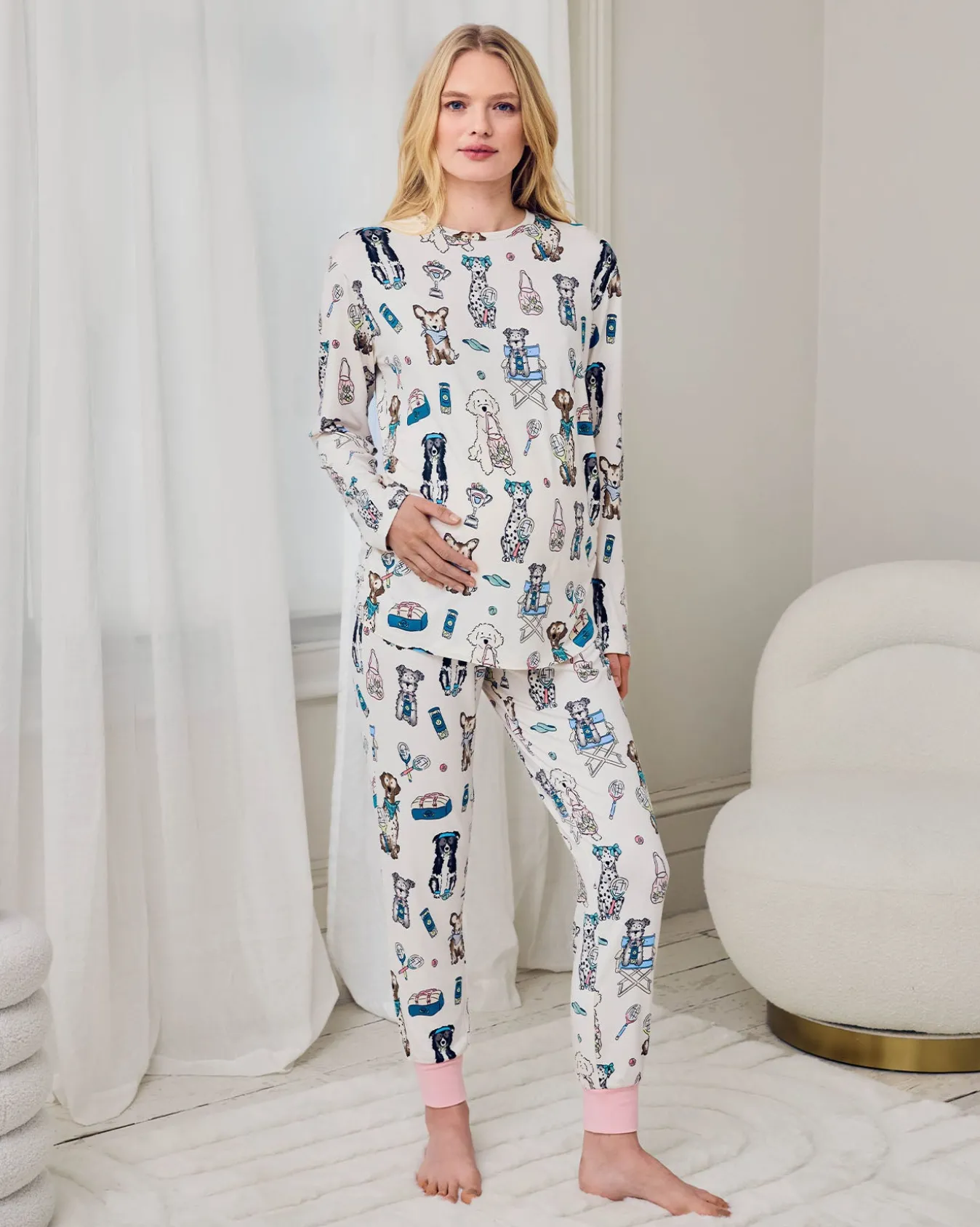 Maternity Tennis Dogs Print Long Pyjama Set - Cream