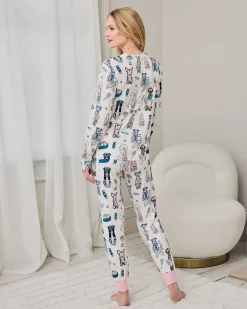 Maternity Tennis Dogs Print Long Pyjama Set - Cream