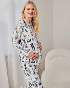 Maternity Tennis Dogs Print Long Pyjama Set - Cream