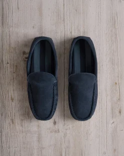 Mens Suede Moccasin Slippers - Navy