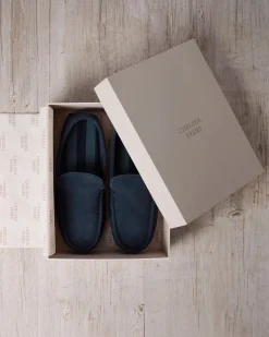 Mens Suede Moccasin Slippers - Navy