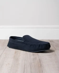 Mens Suede Moccasin Slippers - Navy