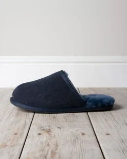 Mens Suede Sheepskin Mule Slippers - Navy
