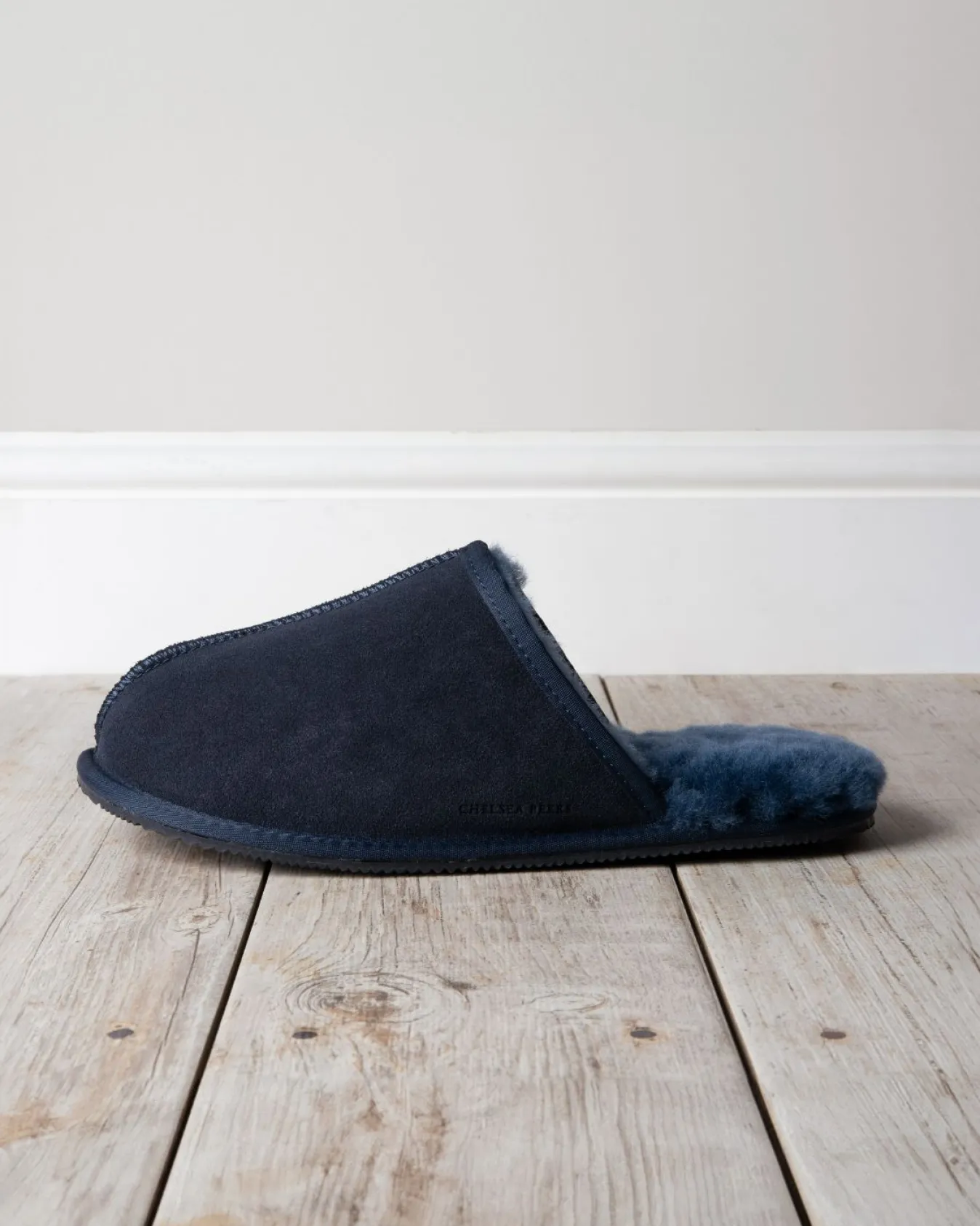 Mens Suede Sheepskin Mule Slippers - Navy