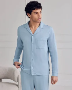 Mercerised Cotton Button Up Long Pyjama Set - Blue