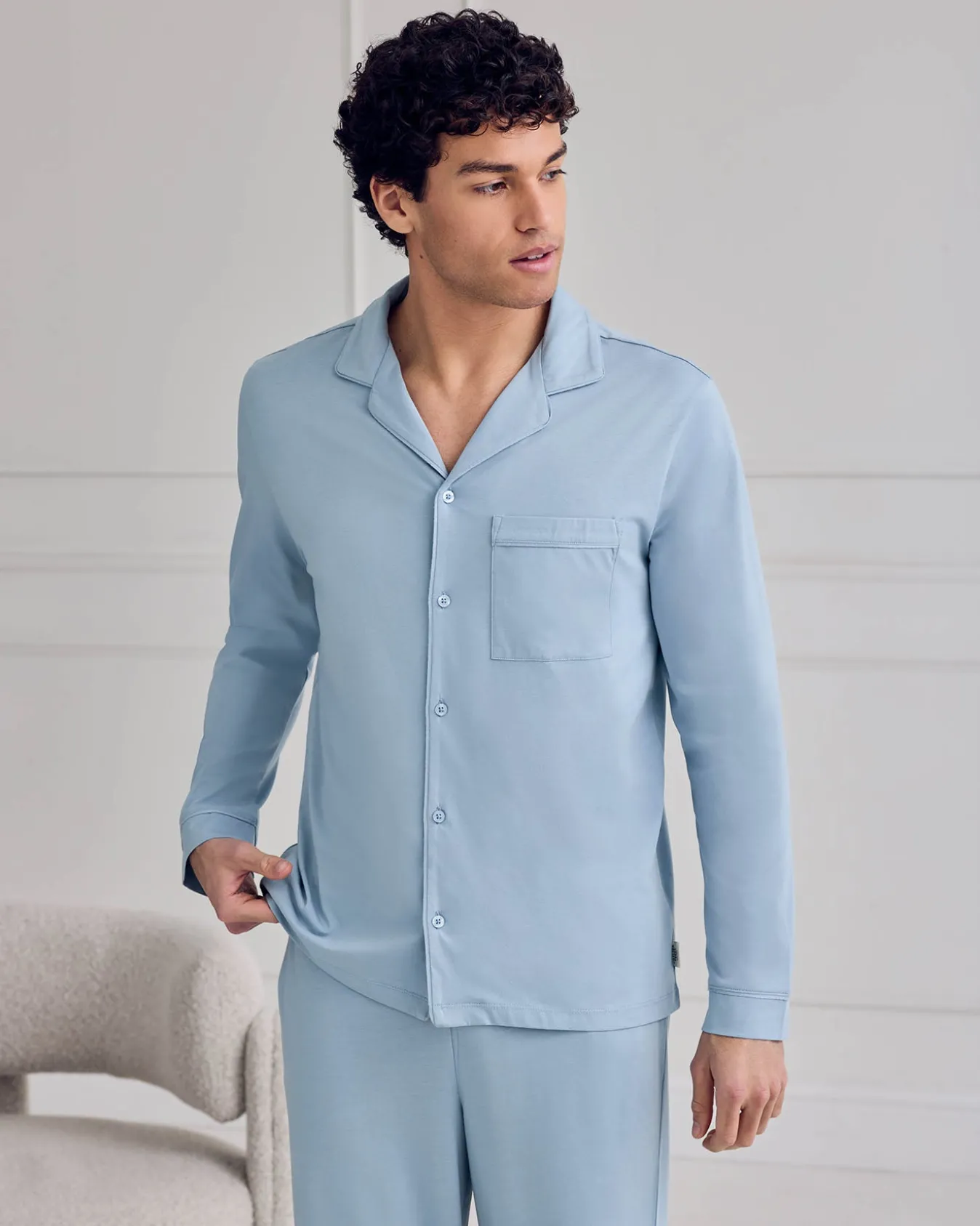 Mercerised Cotton Button Up Long Pyjama Set - Blue