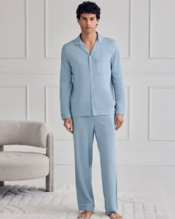 Mercerised Cotton Button Up Long Pyjama Set - Blue