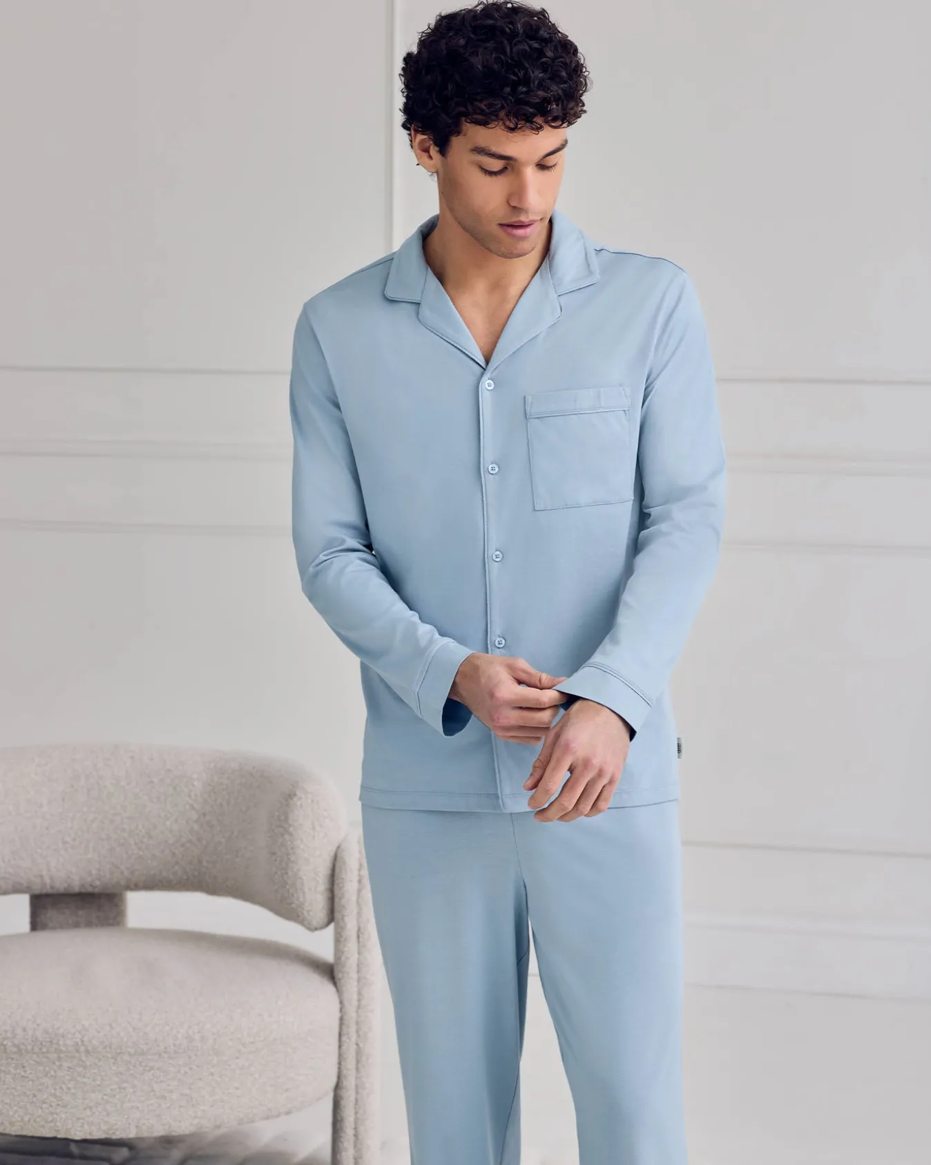 Mercerised Cotton Button Up Long Pyjama Set - Blue