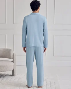 Mercerised Cotton Button Up Long Pyjama Set - Blue