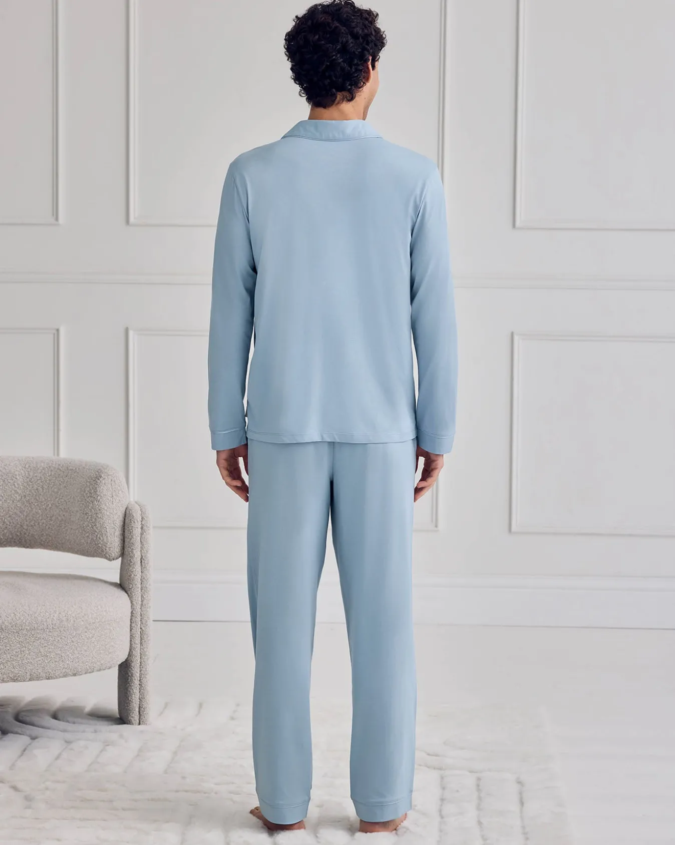 Mercerised Cotton Button Up Long Pyjama Set - Blue