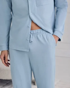 Mercerised Cotton Button Up Long Pyjama Set - Blue
