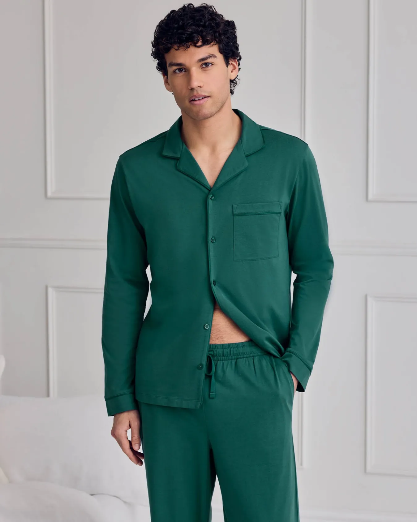 Mercerised Cotton Button Up Long Pyjama Set - Teal