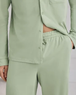 Mercerised Cotton Button Up Long Pyjama Set - Green