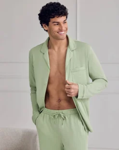 Mercerised Cotton Button Up Long Pyjama Set - Green