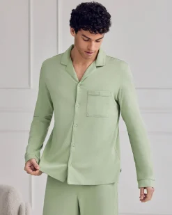 Mercerised Cotton Button Up Long Pyjama Set - Green